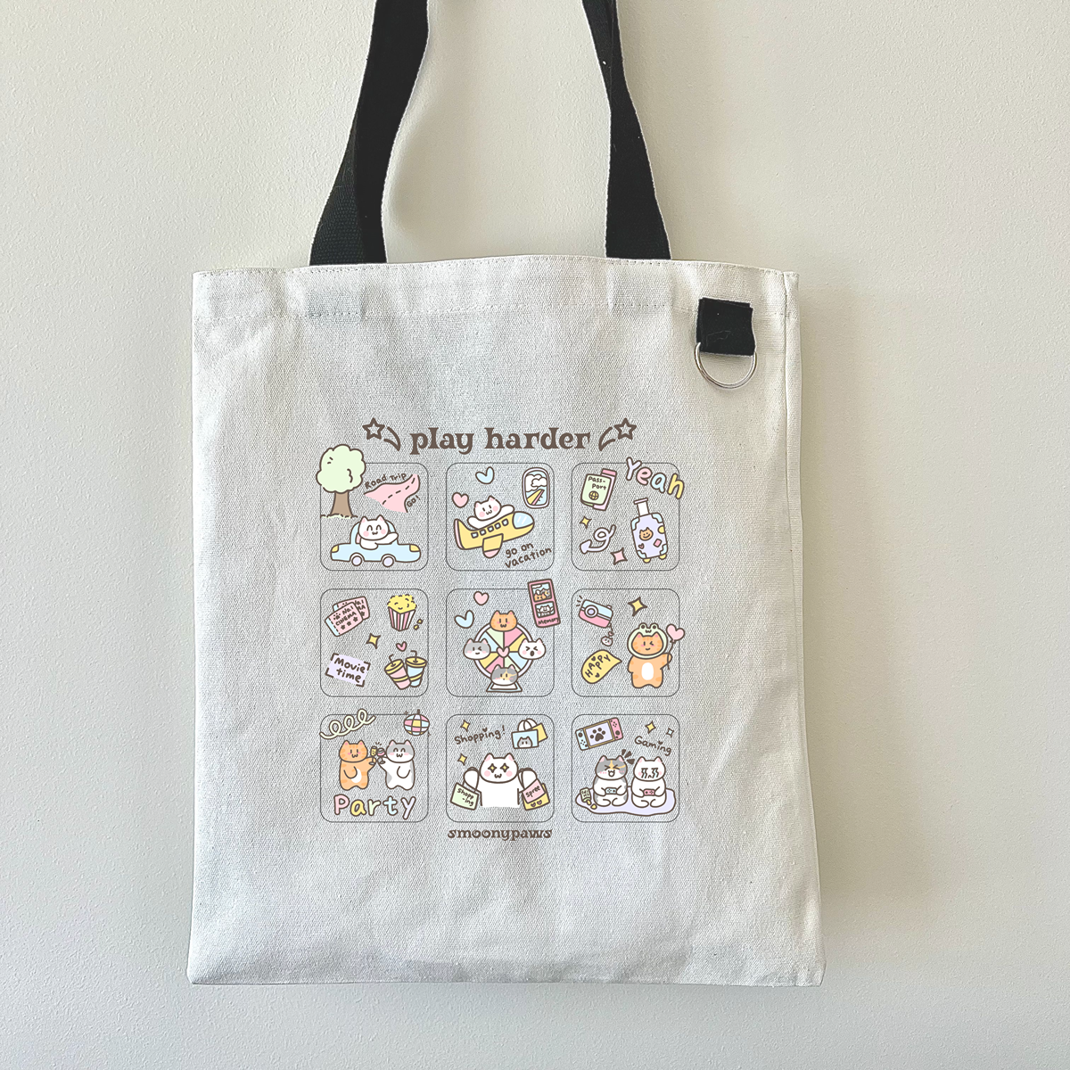 Play Harder Tote Bag, Cute Kawaii Cat Canvas Tote, Trendy Canvas Bag for Shopping, Work, Fun Gift for Cat Lovers