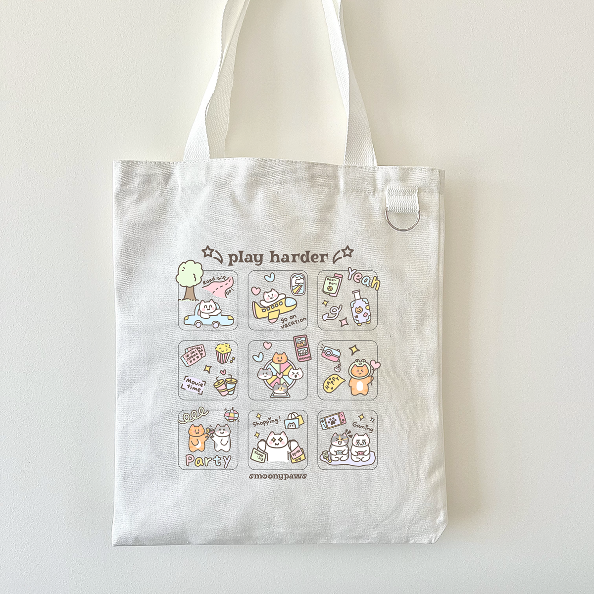 Play Harder Tote Bag, Cute Kawaii Cat Canvas Tote, Trendy Canvas Bag for Shopping, Work, Fun Gift for Cat Lovers
