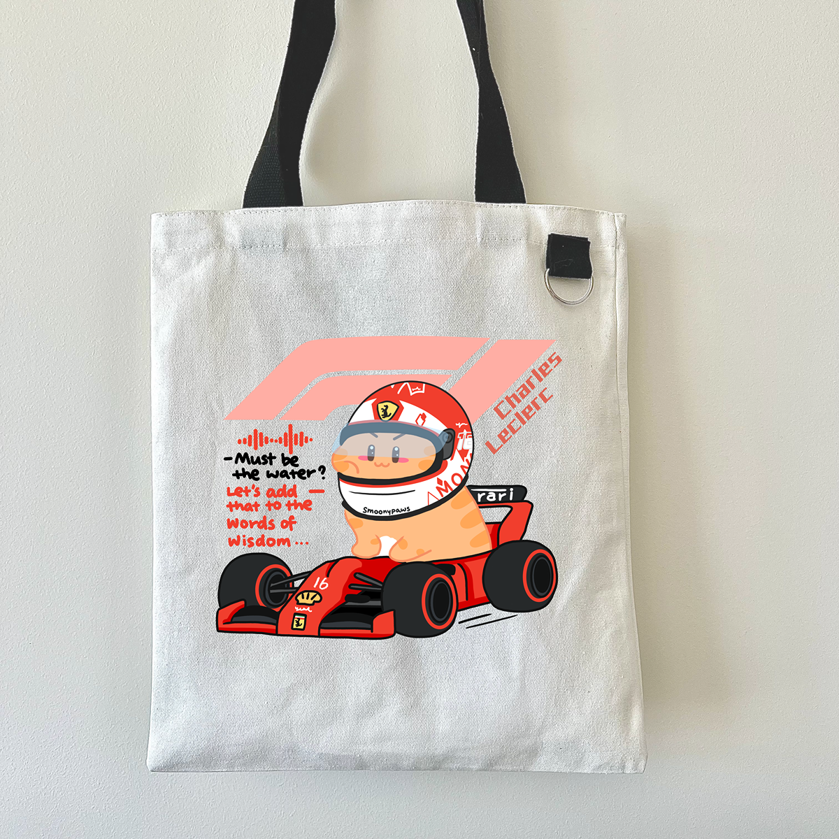 Charles Leclerc F1 Tote Bag, Ferrari Racing Cat Canvas Tote, Formula 1 Gift, Gift for F1 Cat Lover, Motorsport tote, Eco Friendly Bag
