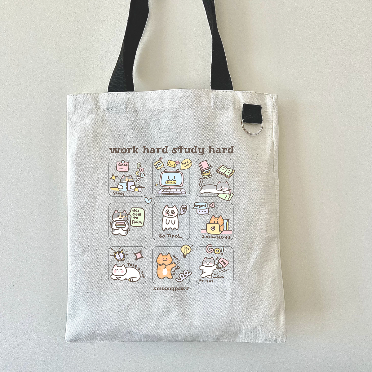 Work Hard Study Hard Cute Cat Tote Bag, Kawaii Aesthetic Trendy Canvas Bag for Students, Office, and daily use, Fun Gift for Cat Lovers
