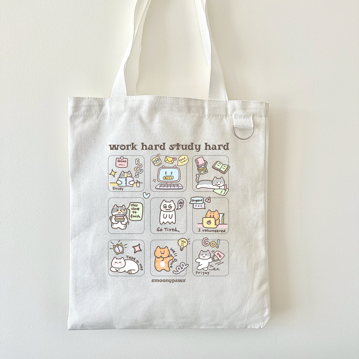Work Hard Study Hard Cute Cat Tote Bag, Kawaii Aesthetic Trendy Canvas Bag for Students, Office, and daily use, Fun Gift for Cat Lovers