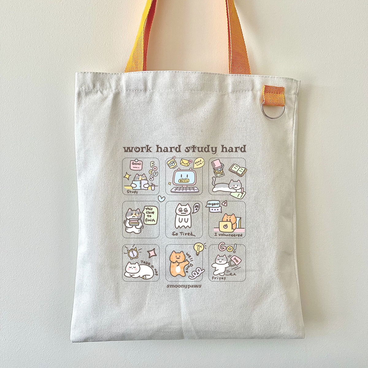 Work Hard Study Hard Cute Cat Tote Bag, Kawaii Aesthetic Trendy Canvas Bag for Students, Office, and daily use, Fun Gift for Cat Lovers