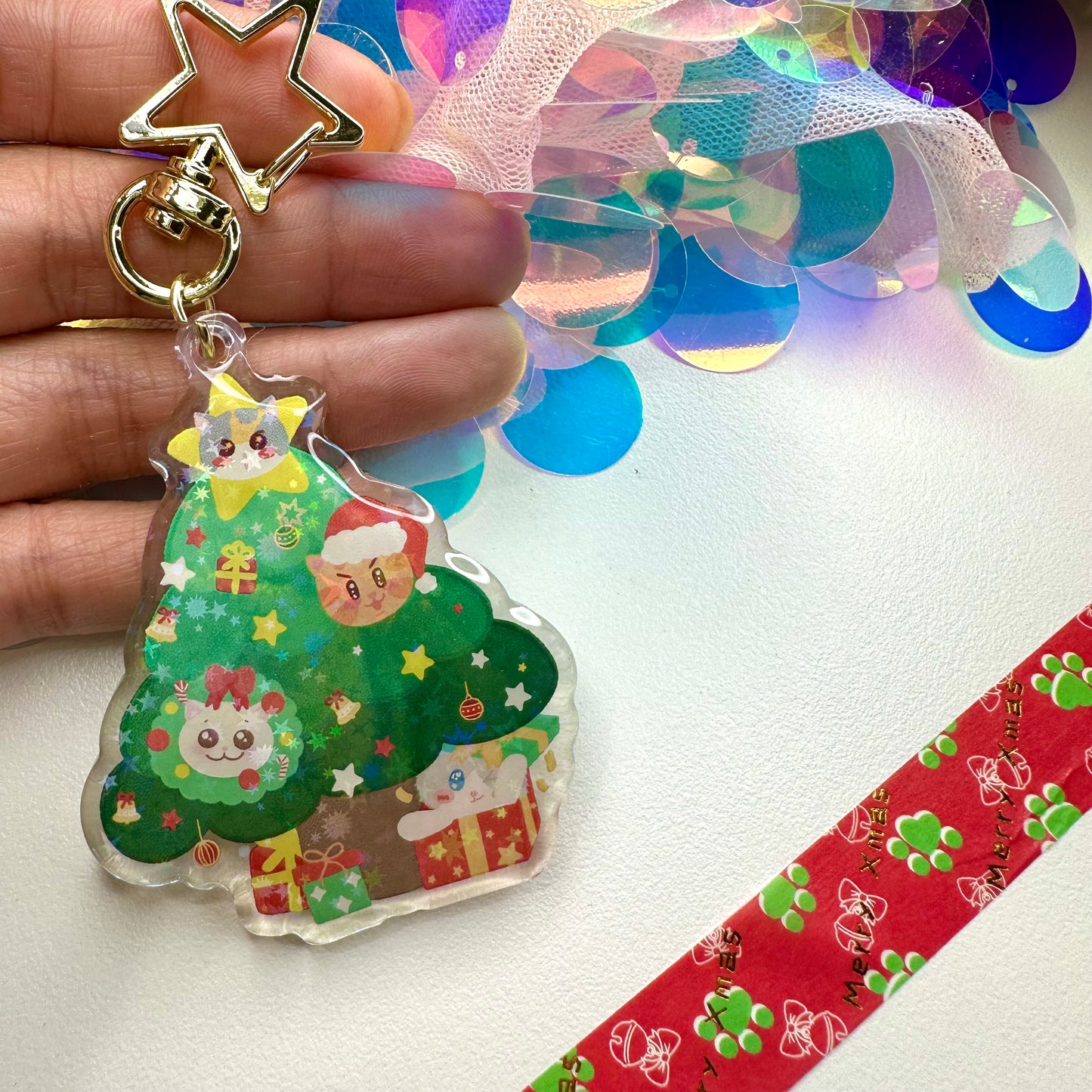 Xmas Tree Holographic Star Cat Acrylic Keychain