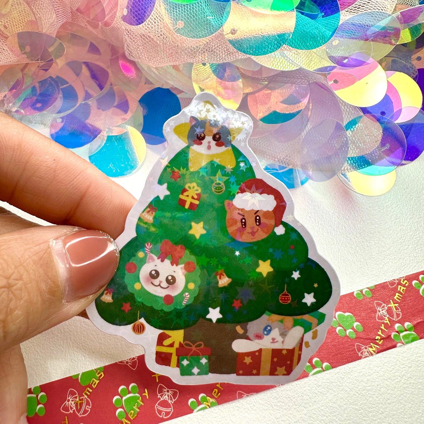 Xmas Tree Cute Cat Sticker Flake