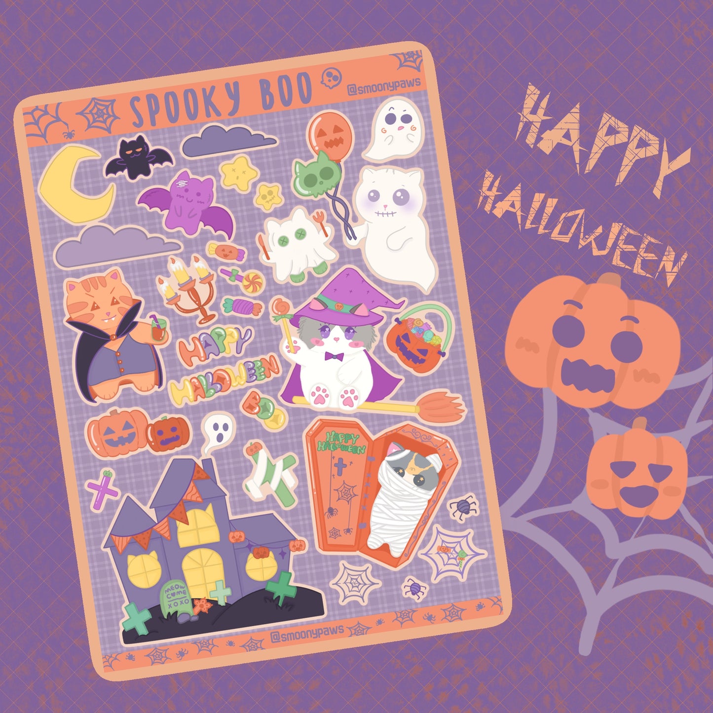 Spooky Boo! | Halloween Cat Sticker Sheet | Bullet Journal, Planner, Scrapbook, Water Bottle, Laptop Decal | Hand Drawn