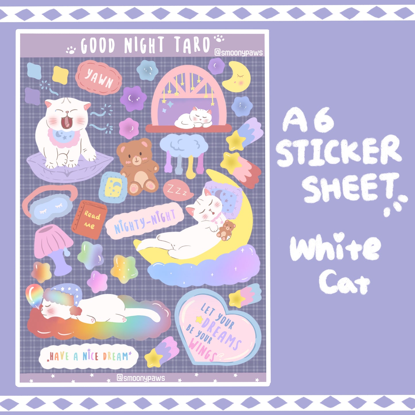 Good Night Taro | Cute Cat Sticker Sheet | Bullet Journal, Planner, Scrapbook, Water Bottle, Laptop Decal, Animal Stickers