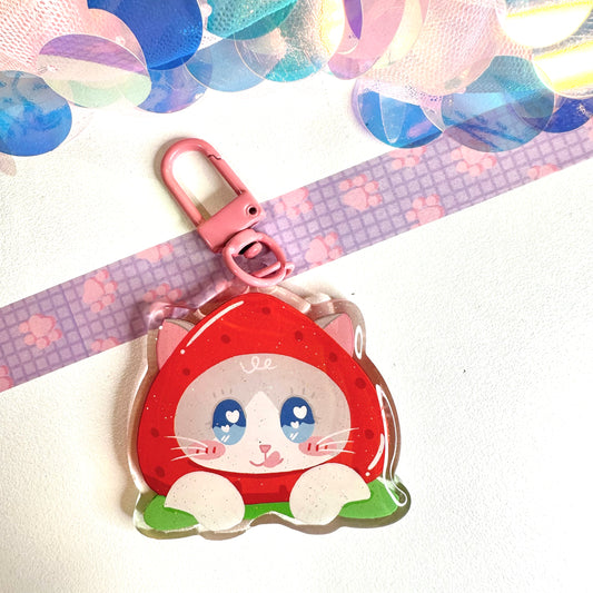 Strawberry Glitter Cat acrylic keychain