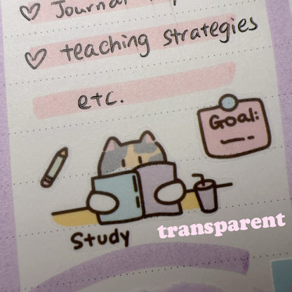 Work and Study | Cute Cat Transparent Sticker Sheet | Bullet Journal, Planners, Scrapbook, Water Bottle, Laptop Decal, Animal Stickers