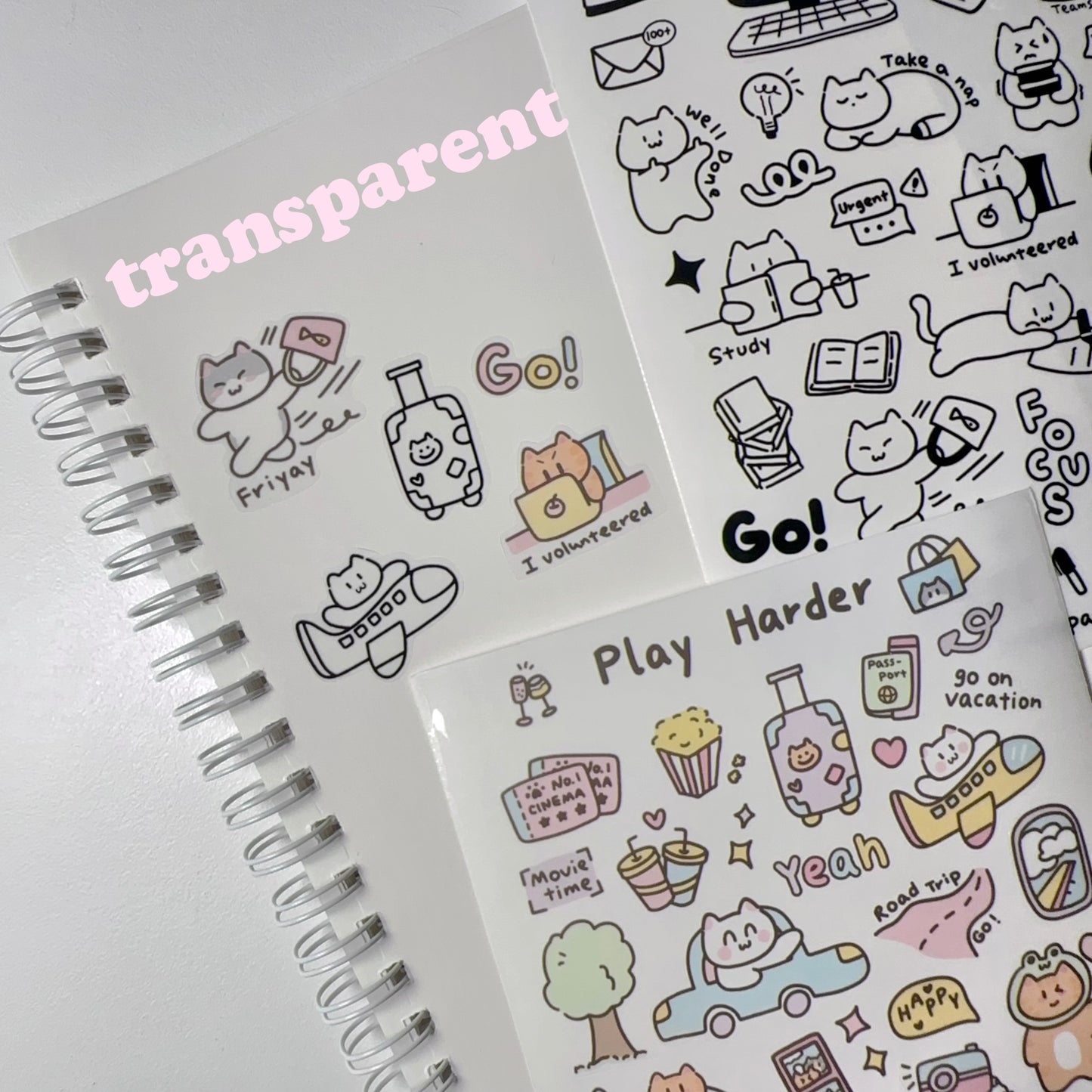 Work and Study | Cute Cat Transparent Sticker Sheet | Bullet Journal, Planners, Scrapbook, Water Bottle, Laptop Decal, Animal Stickers