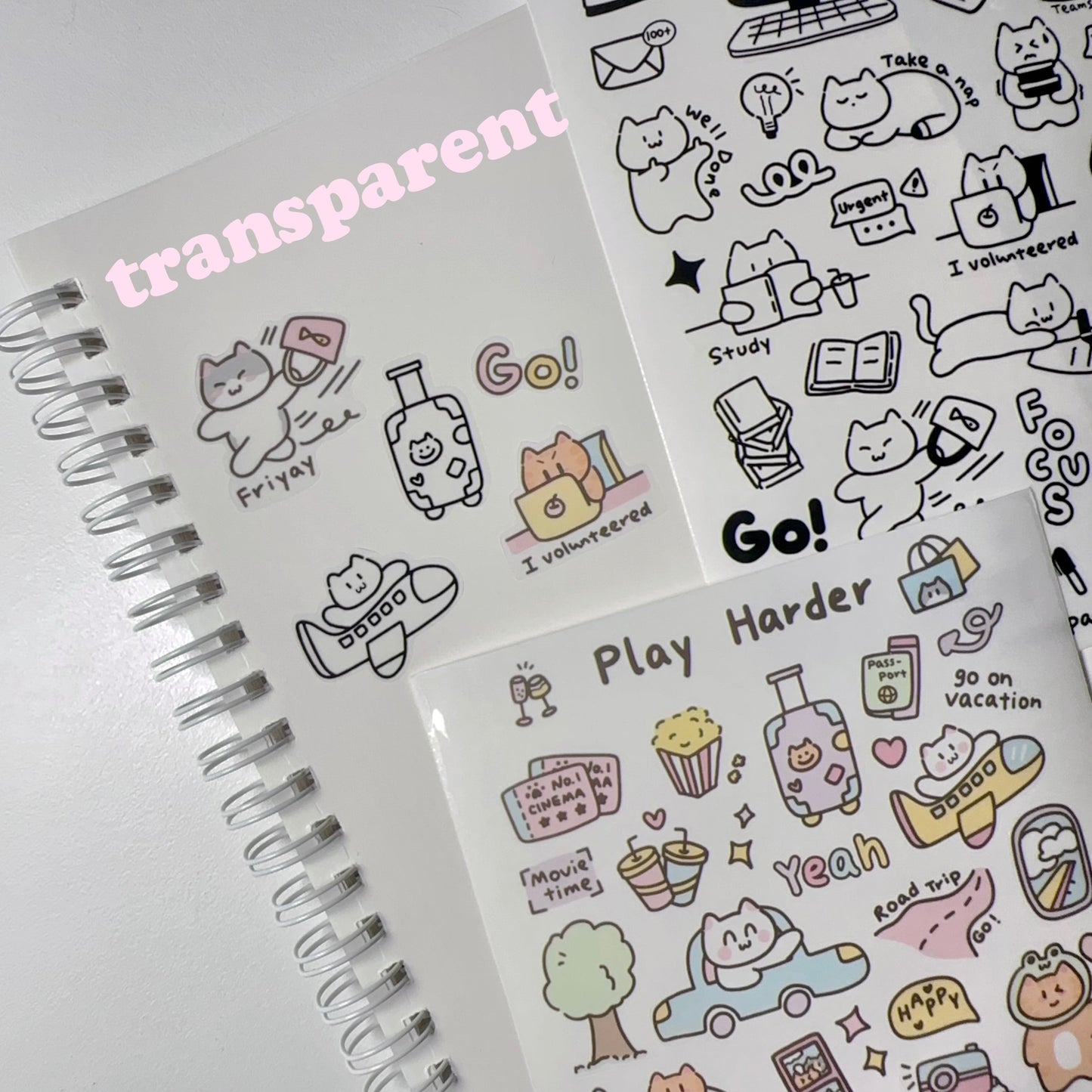 Play | Cute Cat Transparent Sticker Sheet | Bullet Journal, Planners, Scrapbook, Water Bottle, Laptop Decal, Animal Stickers