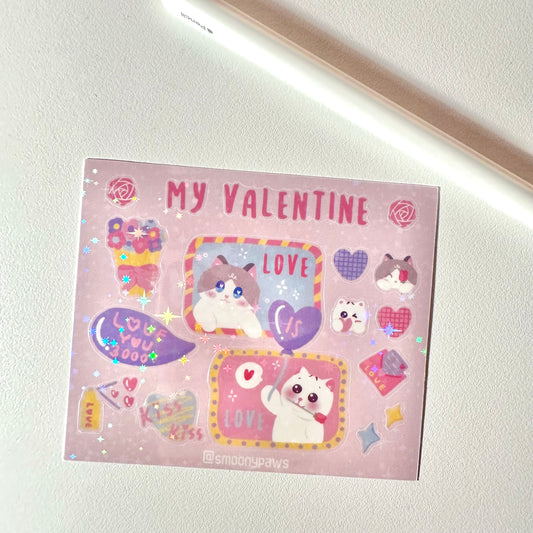 My Valentine | Cute Cat Sticker Sheet | Bullet Journal, Planner, Scrapbook, Water Bottle, Laptop Decal, Animal Stickers