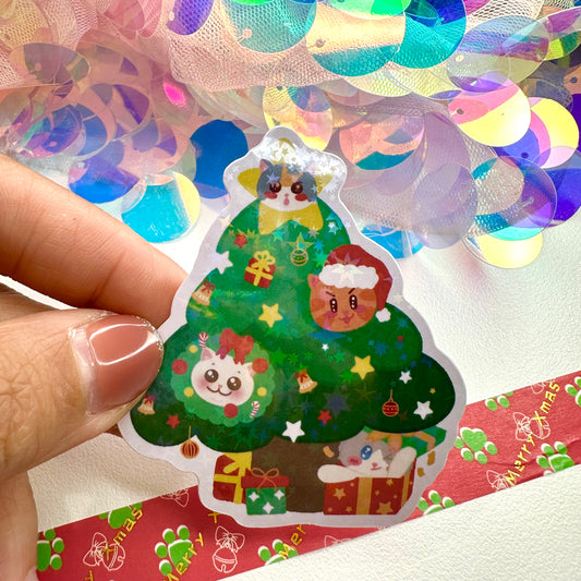 Xmas Tree Cute Cat Sticker Flake