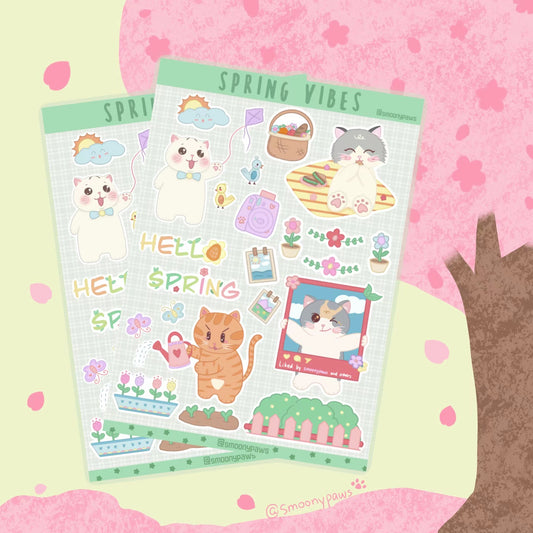 Spring Vibes | Cute Cat Sticker Sheet | Bullet Journal, Planner, Scrapbook, Water Bottle, Laptop Decal, Animal Stickers