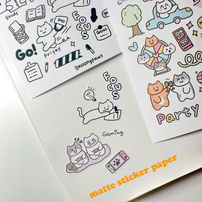 Work and Study | Cute Cat Transparent Sticker Sheet | Bullet Journal, Planners, Scrapbook, Water Bottle, Laptop Decal, Animal Stickers