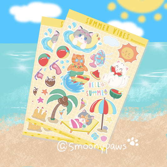 Summer Vibes | Cute Cat Sticker Sheet | Bullet Journal, Planner, Scrapbook, Water Bottle, Laptop Decal, Animal Stickers