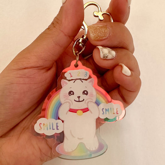 Just Smile | Rainbow acrylic Keychain | Hand Drawn Illustration| Cute cat Keychain, Cat Charm, Kawaii Cat Keyring