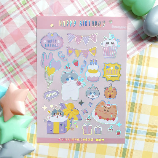Happy Birthday | Cute Cat Sticker Sheet | Bullet Journal, Planner, Scrapbook, Water Bottle, Laptop Decal, Animal Stickers