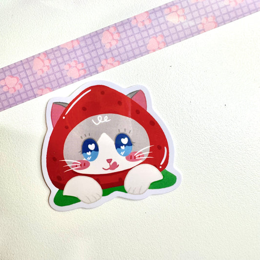 Strawberry | Cute Cat Sticker Flake | Laptop, Water Bottle Decal, Bullet Journal, Scrapbook, Planners, Animal Sticker